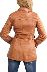 Tan Brown Long Length Leather Overcoat for Women - Genuine Lambskin Leather Coat